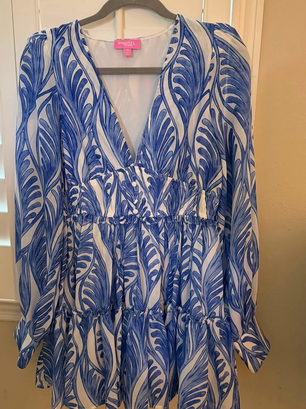 Blue Leaf Print V-Neck Tiered Dress